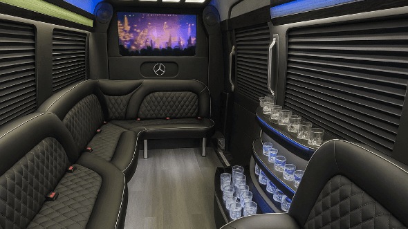 Interior of Costa Mesa Party Bus Company's 14 Passenger Sprinter Limousine in Costa Mesa