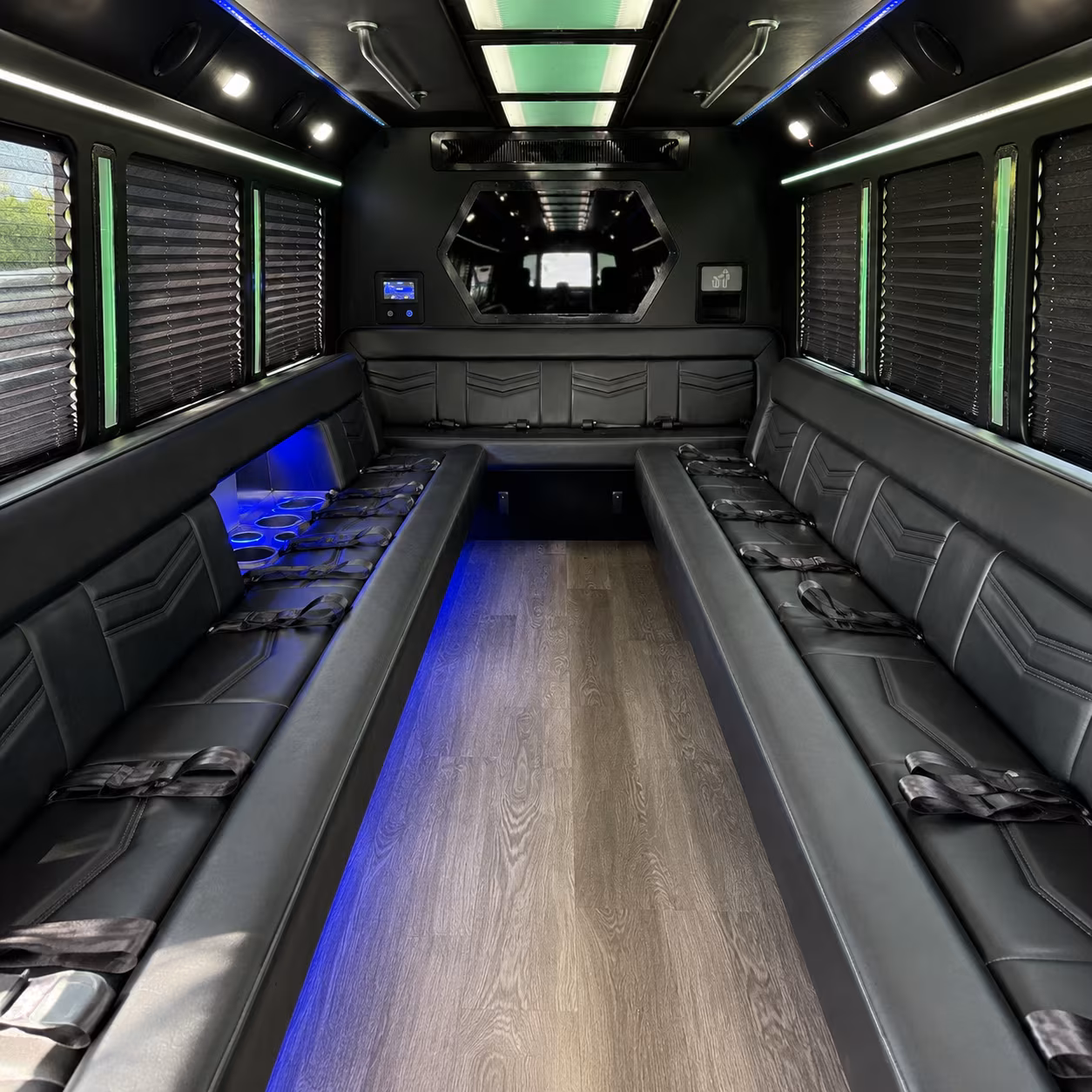 Interior of a party bus rental serving Santa Ana